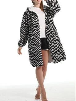 Women's Robe Geometic Plush Casual Comfort Home Daily Bed Flannel Warm Breathable Hoodie Long Sleeve Pocket Fall Winter Black -Ladies Pajamas Store nsqzli1695373703471