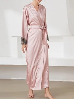 Women's Satin Silk Bathrobe Robe Embroidered Lace Decoration Long Sleeve Nightgown Pure Color Fashion Casual Comfort Home Daily Bed Summer Fall Black Pink -Ladies Pajamas Store ntpmxn1689506612507