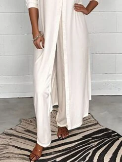 Women's Plus Size Loungewear Sets 2 Pieces Pure Color Fashion Casual Comfort Street Daily Date Spandex Breathable Lapel Long Sleeve Pant Summer Spring White Green -Ladies Pajamas Store nuowsv1685344074457