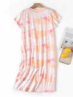 Women's Pajamas Nightgown Nightshirt Dress Tie Dye Fashion Casual Soft Home Daily Bed Cotton Breathable Crew Neck Short Sleeve Summer Spring Light Pink Pink -Ladies Pajamas Store nveozd1681464658225