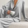 Women's Satin Silk Sleepwear 2Pcs Sets Pj Pure Color Lapel Long Sleeve Button And Wide Leg Pants Fashion Comfort Home Daily Summer Fall Blue Light Green -Ladies Pajamas Store nvqeux1660640042949