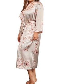 Women's Plus Size Pajamas Robe Bathrobe Silk Robe Flower Fashion Casual Comfort Home Daily Bed Satin Breathable V Wire Long Sleeve Fall Winter Khaki -Ladies Pajamas Store nxaglp1694164480173