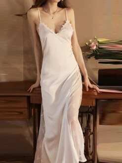 Women's Mesh Lace Slip Lingerie Robe 2Pcs Bridal Nightgown Nightshirt Pure Color Fashion Casual Comfort Home Daily Bed Ice Silk Long Pant Summer Spring 17 Women's Mesh Lace Slip Lingerie Robe 2Pcs Bridal Nightgown Nightshirt Pure Color Fashion Casual Comfort Home Daily Bed Ice Silk Long Pant Summer Spring -Ladies Pajamas Store nymcgl1697074772161