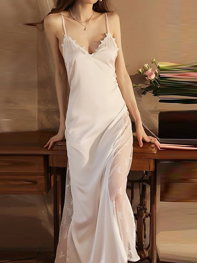 Women's Mesh Lace Slip Lingerie Robe 2Pcs Bridal Nightgown Nightshirt Pure Color Fashion Casual Comfort Home Daily Bed Ice Silk Long Pant Summer Spring 7 Women's Mesh Lace Slip Lingerie Robe 2Pcs Bridal Nightgown Nightshirt Pure Color Fashion Casual Comfort Home Daily Bed Ice Silk Long Pant Summer Spring - Image 5