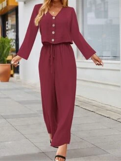 Women's Plus Size Loungewear Sets Pure Color Simple Casual Comfort Home Daily Vacation Cotton And Linen Breathable V Wire Long Sleeve Shirt Pant Button Fall Winter Wine Blue -Ladies Pajamas Store nysrzh1693467395758