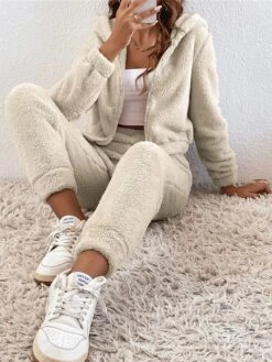 Women's Pajamas Sets Pure Color Warm Fashion Plush Home Daily Bed Polyester Warm Breathable Hoodie Long Sleeve Cardigan Pant Elastic Waist Fall Winter Green Khaki -Ladies Pajamas Store oaegaf1693552853614