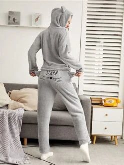 Women's Plus Size Loungewear Sets Cat Letter Casual Comfort Soft Home Daily Vacation Polyester Warm Hoodie Long Sleeve Hoodie Pant Pocket Embroidery Fall Winter Black Pink