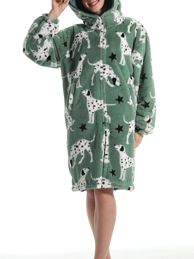 Women's Robe Dog Plush Casual Comfort Home Daily Bed Flannel Warm Breathable Hoodie Long Sleeve Pocket Fall Winter Green 3 Women's Robe Dog Plush Casual Comfort Home Daily Bed Flannel Warm Breathable Hoodie Long Sleeve Pocket Fall Winter Green