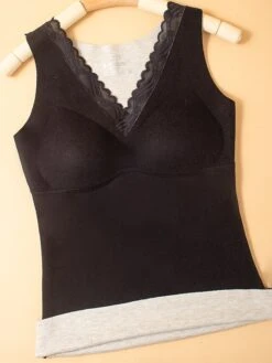Women's Loungewear Thermal Underwear Pure Color Warm Undergarments Comfort Home Daily Cashmere Warm V Wire Sleeveless Elastic Waist Chest Pads Removable Pad Spring Fall Black Pink -Ladies Pajamas Store ofjtwr1694502332134