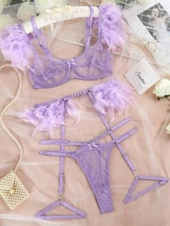 Women's Feather Sexy Lingerie Sets 4 Pieces Pure Color Lovers Hot Home Bed Date Lace Breathable Straps Sleeveless Backless Feather Summer Spring Light Pink White Powder -Ladies Pajamas Store ofqqzs1695712962244
