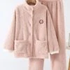 Women's Pajamas Sets Pure Color Warm Fashion Casual Home Daily Bed Flannel Warm Stand Collar Long Sleeve Pant Button Fall Winter Pink Beige