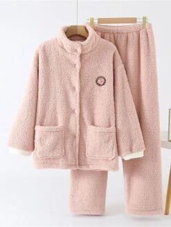 Women's Pajamas Sets Pure Color Warm Fashion Casual Home Daily Bed Flannel Warm Stand Collar Long Sleeve Pant Button Fall Winter Pink Beige