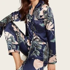 Women's Pajamas Sets Pjs 2 Pieces Flower Simple Hot Comfort Party Home Daily Satin Lapel Long Sleeve Shirt Pant Elastic Waist Fall Spring 6003 6020 -Ladies Pajamas Store oirahm1631588332470