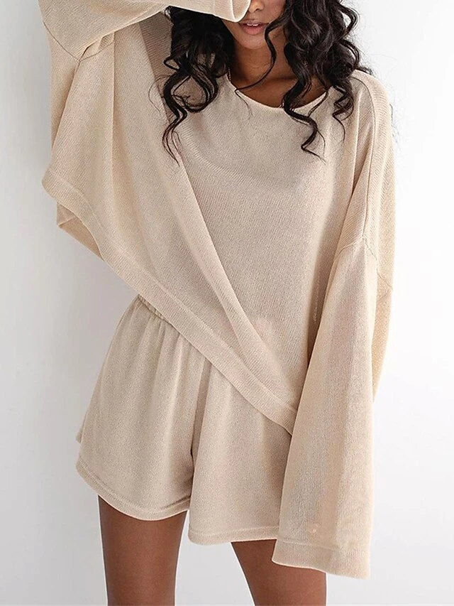 Women's Loungewear Sets Pure Color Basic Casual Comfort Home Daily Vacation Cotton Breathable Crew Neck Long Sleeve T Shirt Tee Shorts Summer Spring Khaki 5 Women's Loungewear Sets Pure Color Basic Casual Comfort Home Daily Vacation Cotton Breathable Crew Neck Long Sleeve T Shirt Tee Shorts Summer Spring Khaki - Image 3