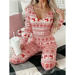 Women's Xmas Onesie Pajama Letter Elk Casual Comfort Soft ChristmasBreathable V Wire Long Sleeve Fall Winter -Ladies Pajamas Store okyley1695281846989