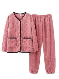 Women's Pajamas Sets Pure Color Warm Comfort Soft Home Daily Bed Flannel Warm Breathable Crew Neck Long Sleeve Cardigan Pant Button Pocket Fall Winter JY5128 JY5136 -Ladies Pajamas Store omapwx1693206674538
