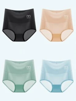 Women's Panties Set 4 Pcs High Waist Ice Silk Breathable Pure Cotton Crotch Lifting Buttocks And Abdomen Panties Random Color -Ladies Pajamas Store omhmqq1686191428224