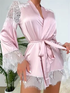Women's Lace Satin Silk Bathrobe Robes Gown Pure Color Fashion Casual Comfort Home Daily Bed Satin Breathable V Wire Long Sleeve Summer Fall Pink