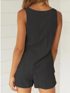 Women's Loungewear Sets Pure Color Fashion Simple Comfort Street Vacation Going Out Cotton Breathable V Wire Sleeveless Shorts Button Pocket Summer Spring Black White -Ladies Pajamas Store onnxhs1680601039388