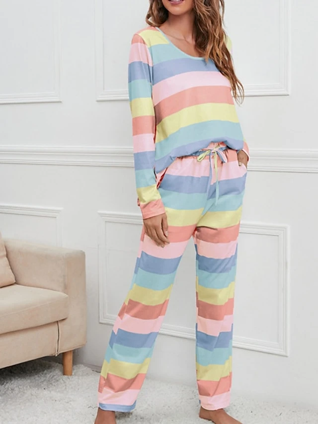 Women's Pajamas Nighty Pjs Sets 2 Pieces Rainbow Stripe Fashion Comfort Soft Home Daily Bed Cotton Breathable V Wire Long Sleeve T Shirt Tee Pant Spring Fall Yellow Blue 12 Women's Pajamas Nighty Pjs Sets 2 Pieces Rainbow Stripe Fashion Comfort Soft Home Daily Bed Cotton Breathable V Wire Long Sleeve T Shirt Tee Pant Spring Fall Yellow Blue - Image 10