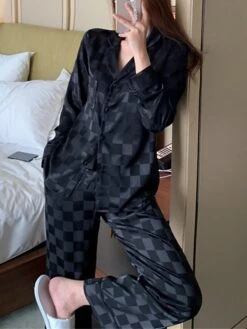 Women's Satin Silk Lounge Sets 2 Pieces Grid / Plaid Fashion Casual Comfort Street Daily Date Silk Breathable Lapel Long Sleeve Pant Button Pocket Summer Fall Black White -Ladies Pajamas Store osembp1689581326619