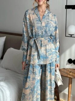 Women's Loungewear Sets Flower Fashion Casual Comfort Home Daily Vacation Polyester Warm Breathable Lapel Long Sleeve Shirt Pant Button Fall Winter Blue -Ladies Pajamas Store ovwtdr1693899207742