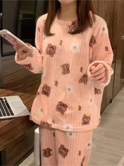 Women's Fleece Coral Pajamas Sets Cartoon Fruit Fashion Plush Casual Home Daily Bed Coral Breathable Crew Neck Long Sleeve Pant Summer Fall Lotus Pink Black -Ladies Pajamas Store oxtdsk1697103816076