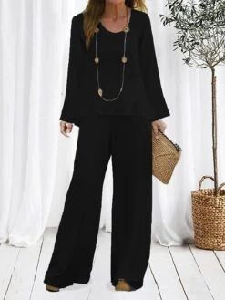 Women's Loungewear Sets Pure Color Fashion Comfort Soft Home Daily Bed Polyester Breathable Crew Neck Long Sleeve Pullover Pant Fall Winter Black White -Ladies Pajamas Store oyauqa1694164341965