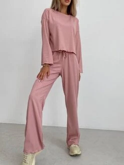 Women's Loungewear Sets Pure Color Fashion Comfort Soft Home Daily Bed Polyester Breathable Crew Neck Long Sleeve T Shirt Tee Pant Elastic Waist Fall Winter White Pink