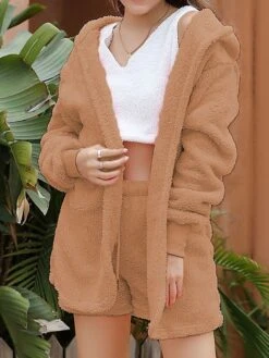 Women's Pajamas Sets Pure Color Warm Fashion Soft Home Daily Bed Polyester Warm Hoodie Long Sleeve Tank Top Shorts Hoodie Fall Winter Deep Purple Off White -Ladies Pajamas Store paveie1692689286014