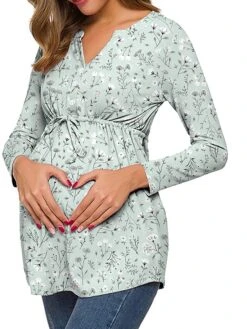 Women's Maternity Tops Pregnancy Shirts Floral Pattern Casual Comfort Pastoral Home Daily Vacation Cotton Breathable V Wire Long Sleeve Fall Winter White Light Green -Ladies Pajamas Store pbymrc1695281871171