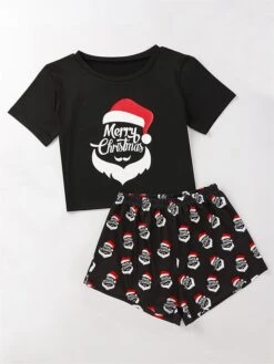 Women's Christmas Lounge Sets Letter Santa Claus Fashion Comfort Soft Home Daily Polyester Breathable Crew Neck Short Sleeve T Shirt Tee Shorts Elastic Waist Fall Winter Black -Ladies Pajamas Store pcaqux1696232034340