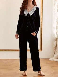 Women's Pajamas Sets Patchwork Fashion Casual Comfort Home Daily Bed Lace Breathable Lapel Long Sleeve Shirt Pant Button Fall Winter Navy Blue -Ladies Pajamas Store pcbyia1694742420004