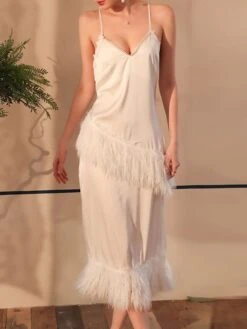 Women's Bridal Nightgown Nightshirt Dress Pure Color Fashion Casual Comfort Home Daily Bed Ice Silk Breathable Straps Sleeveless Backless Feather Fall Winter White