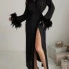 Women's Pajamas Bathrobe Robes Gown Pure Color Simple Casual Comfort Wedding Party Satin Breathable V Wire Long Sleeve Feather Fall Winter Black -Ladies Pajamas Store pdmlsd1693206715649