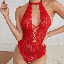 Women‘s Christmas Xmas Lingeries Gift Ladies Sexy Lace Strap Open Crotch Perspective Temptation Bodysuit