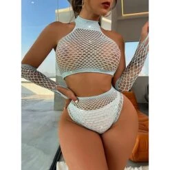 Women's Sexy Bodies Lingerie Set 4 Pieces Grid / Plaid Hot Soft Bed Nylon Halter Neck Hole Summer Black Blue / Super Sexy -Ladies Pajamas Store penhun1659067028534