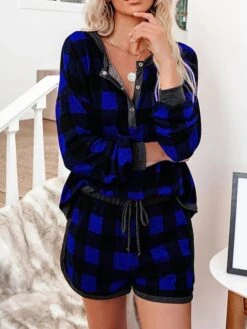 Women's Plus Size Loungewear Sets Grid / Plaid Simple Casual Comfort Home Daily Vacation Polyester Breathable V Wire Long Pant T Shirt Tee Shorts Button Elastic Waist Summer Spring Red Blue -Ladies Pajamas Store pensmd1680074651421