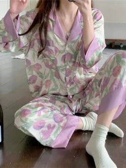 Women's Pajamas Sets Flower Romantic Casual Comfort Home Bed Satin Breathable Lapel Long Sleeve Shirt Pant Button Pocket Fall Winter Purple -Ladies Pajamas Store peodfy1697161954356