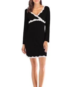 Women's Pajamas Nightgown Nighty Pure Color Simple Comfort Home Daily Bed Modal Breathable Gift V Wire Long Sleeve Lace Basic Spring Summer Black Gray -Ladies Pajamas Store peupia1647237798662