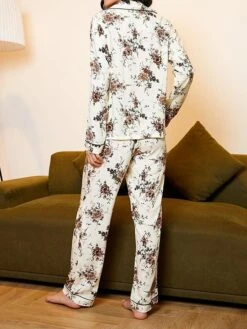 Women's Pajamas Pants Sets Flower Casual Comfort Soft Home Daily Bed Cotton Breathable Lapel Long Sleeve Pant Fall Winter Beige -Ladies Pajamas Store pgyxpa1692348319517