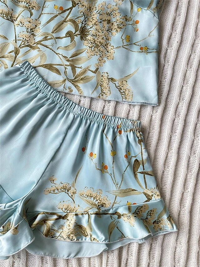 Women's Pajamas Pajama Top And Pant Sets Cherry Flower Fashion Casual Soft Home Daily Bed Faux Silk Breathable Straps Sleeveless Strap Top Shorts Spring Summer Black Champagne 7 Women's Pajamas Pajama Top And Pant Sets Cherry Flower Fashion Casual Soft Home Daily Bed Faux Silk Breathable Straps Sleeveless Strap Top Shorts Spring Summer Black Champagne - Image 5