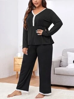Women's Plus Size Loungewear Sets Patchwork Fashion Comfort Soft Home Daily Bed Polyester Warm Breathable V Wire Long Sleeve Pullover Pant Fall Winter Black Gray