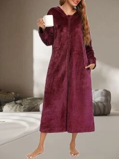 Women's Warm Bathrobe Robes Gown Pure Color Simple Casual Comfort Home Daily Bed Polyester Breathable Hoodie Long Sleeve Pocket Fall Winter Black Wine -Ladies Pajamas Store plelkx1689581333283