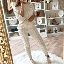 Women's Loungewear Sweatsuit Sets 2 Pieces Pure Color Warm Fashion Sport Home Street Airport Knit Off Shoulder Long Sleeve Sweater Pant Fall Winter Lotus Pink Black -Ladies Pajamas Store pleluw1665646633948