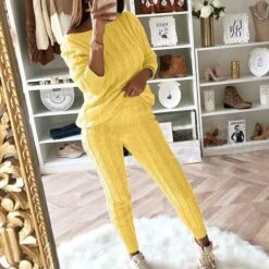 Women's Loungewear Sweatsuit Sets 2 Pieces Pure Color Warm Fashion Sport Home Street Airport Knit Off Shoulder Long Sleeve Sweater Pant Fall Winter Lotus Pink Black -Ladies Pajamas Store pmarlp1665646635576