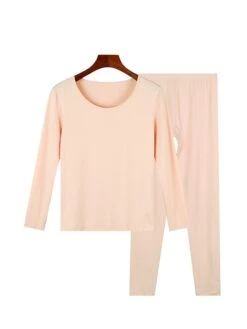 Women's Delong Thermal Underwear Pajamas Set Pure Color Warm Comfort Soft Home Daily Bed Polyester Comfort Warm Crew Neck Long Sleeve T Shirt Tee Pant Elastic Waist Fall Winter Black Pink -Ladies Pajamas Store pnjcbm1693552854322