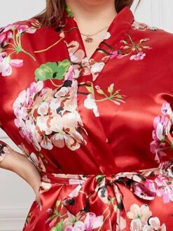 Women's Plus Size Pajamas Bathrobe Flower Simple Casual Comfort Home Bed Satin Breathable V Wire Long Sleeve Summer Spring Red Green -Ladies Pajamas Store pnncov1693986206692