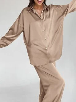 Women's Loungewear Sets Pure Color Fashion Comfort Soft Home Daily Bed Satin Breathable Lapel Long Sleeve Shirt Pant Button Pocket Fall Winter Khaki -Ladies Pajamas Store ppdpsx1693206724617