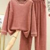 Women's Loungewear Delong Thermal Underwear Sets Pure Color Simple Casual Comfort Home Daily Bed Polyester Warm Crew Neck Long Sleeve Pant Pocket Elastic Waist Fall Winter Light Pink Pink -Ladies Pajamas Store ppheei1697183559800